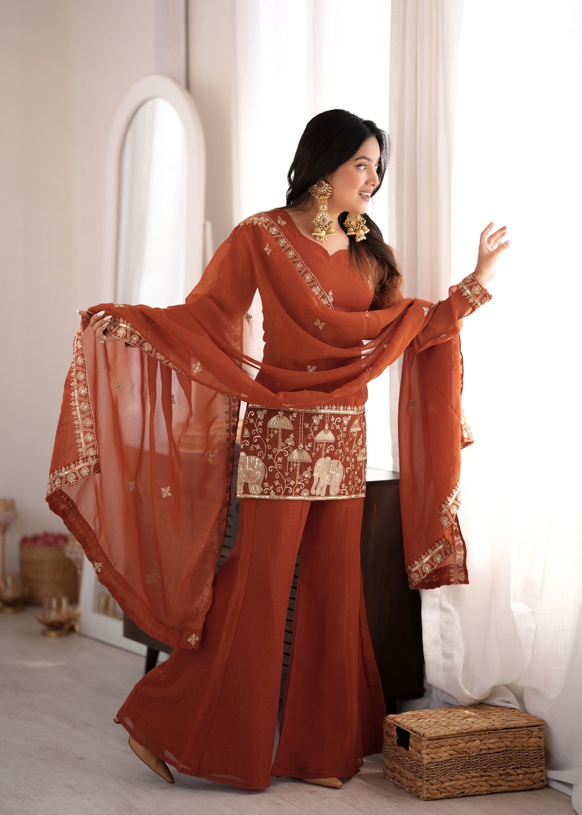 Rust Brown Crunchy Silk Bell Bottom Set