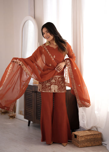 Rust Brown Crunchy Silk Bell Bottom Set