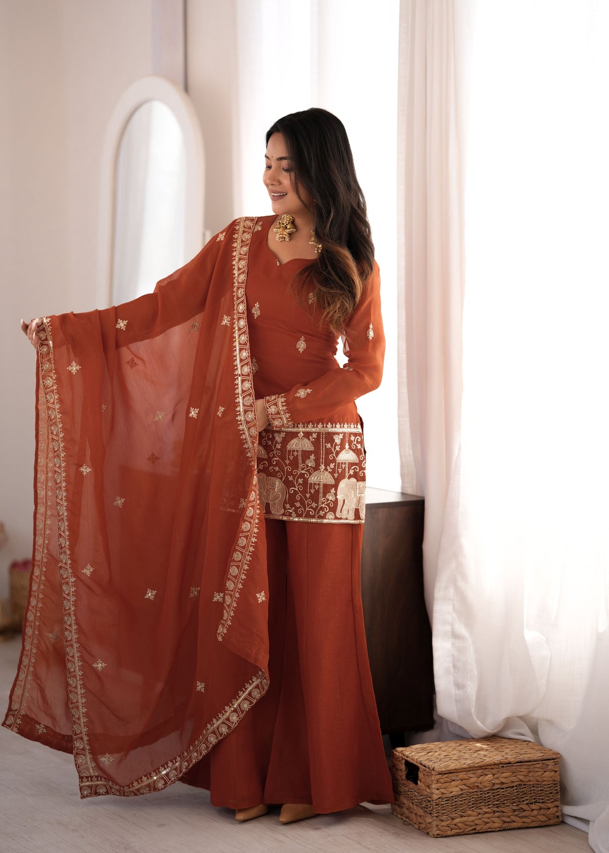 Rust Brown Crunchy Silk Bell Bottom Set