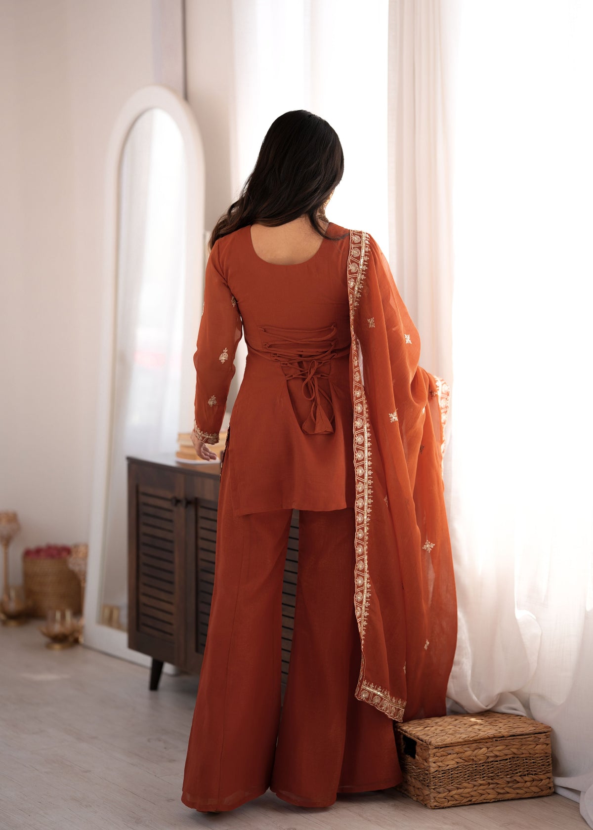 Rust Brown Crunchy Silk Bell Bottom Set