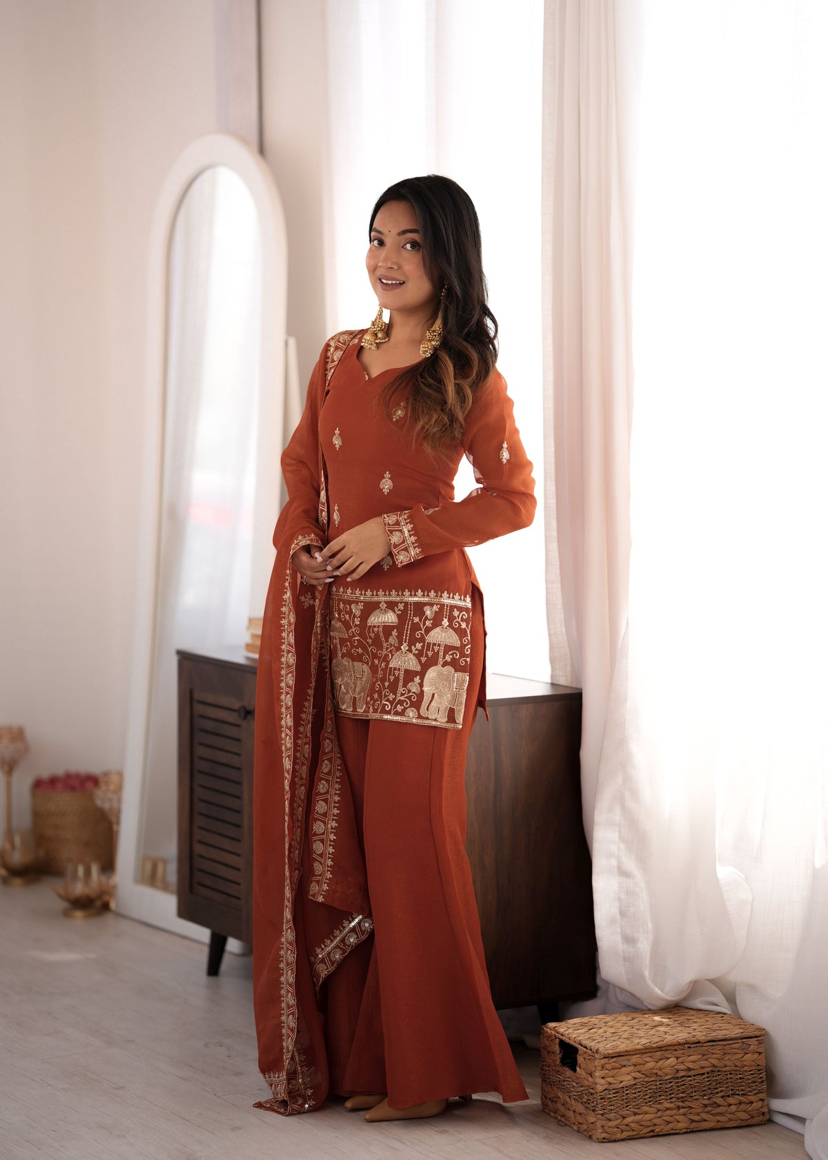 Rust Brown Crunchy Silk Bell Bottom Set