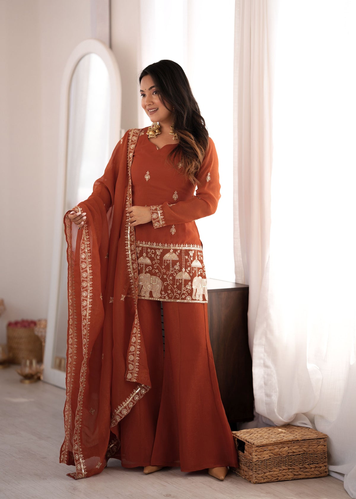 Rust Brown Crunchy Silk Bell Bottom Set