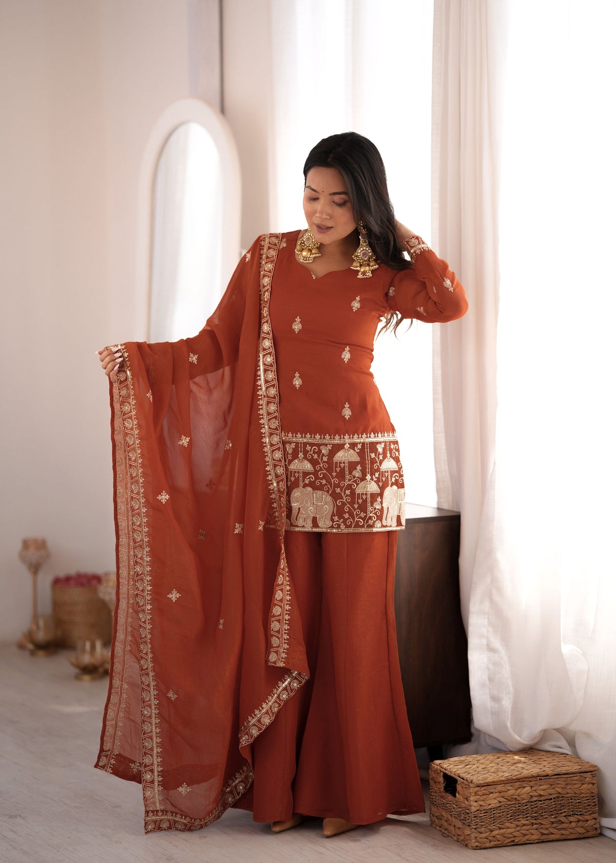 Rust Brown Crunchy Silk Bell Bottom Set