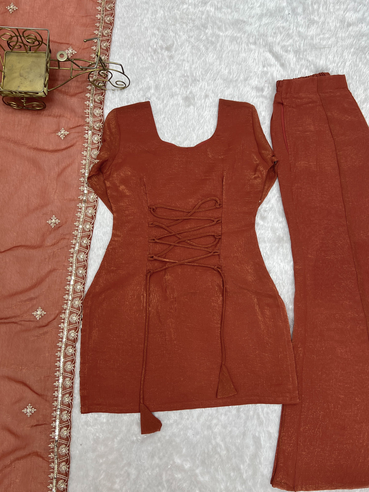 Rust Brown Crunchy Silk Bell Bottom Set