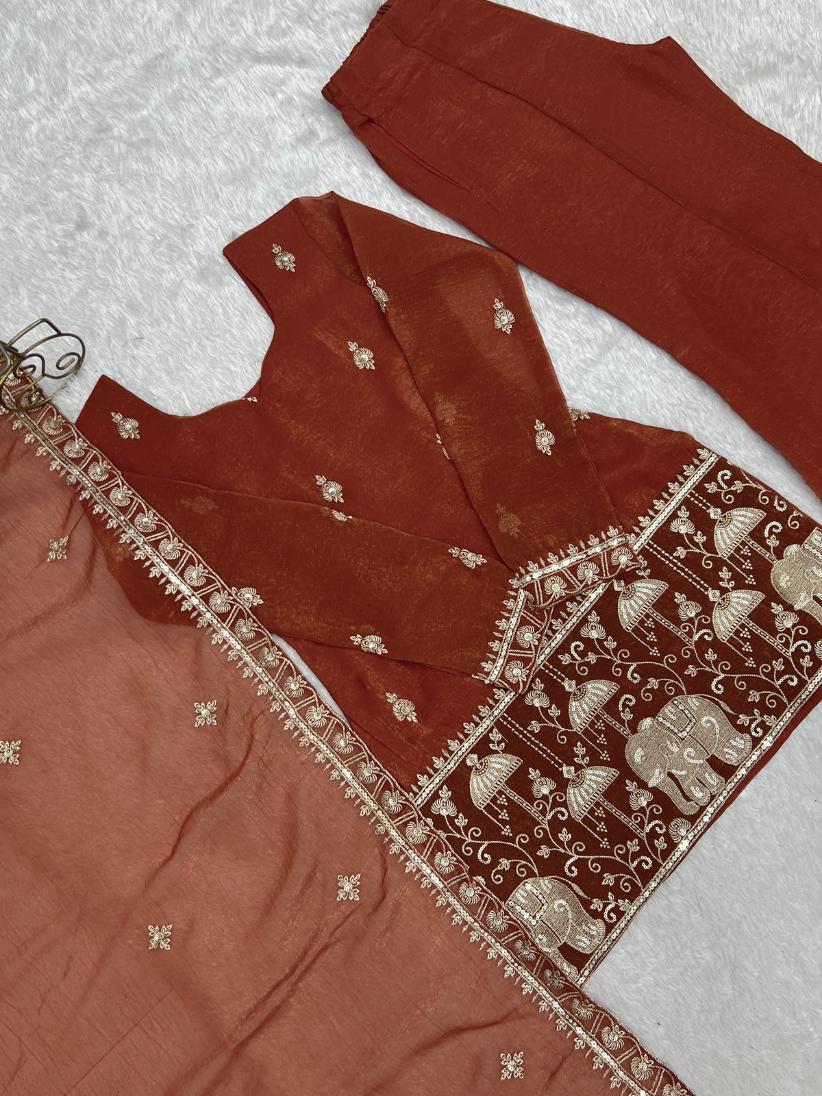 Rust Brown Crunchy Silk Bell Bottom Set