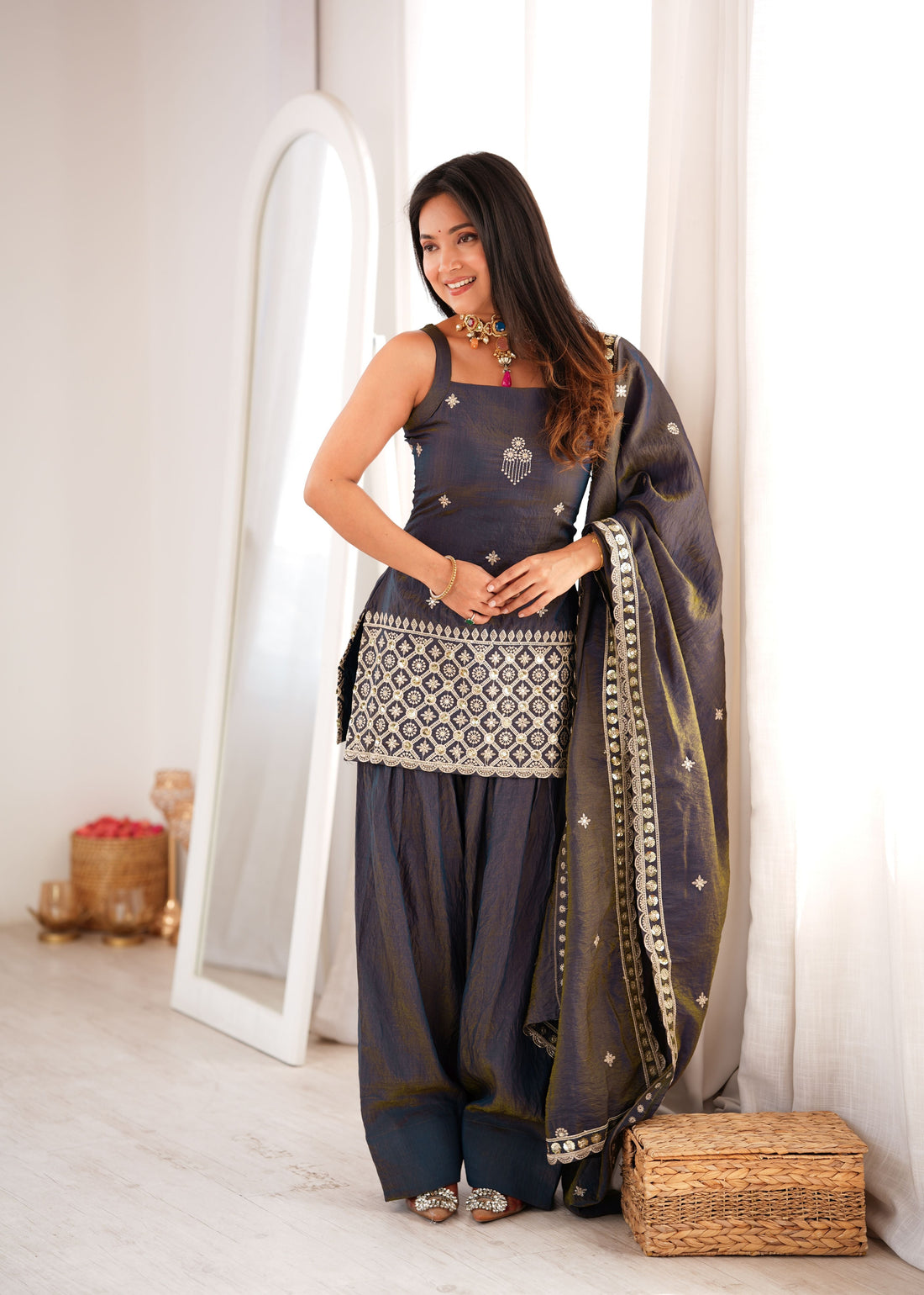Charcoal Grey Vichitra Farshi Set