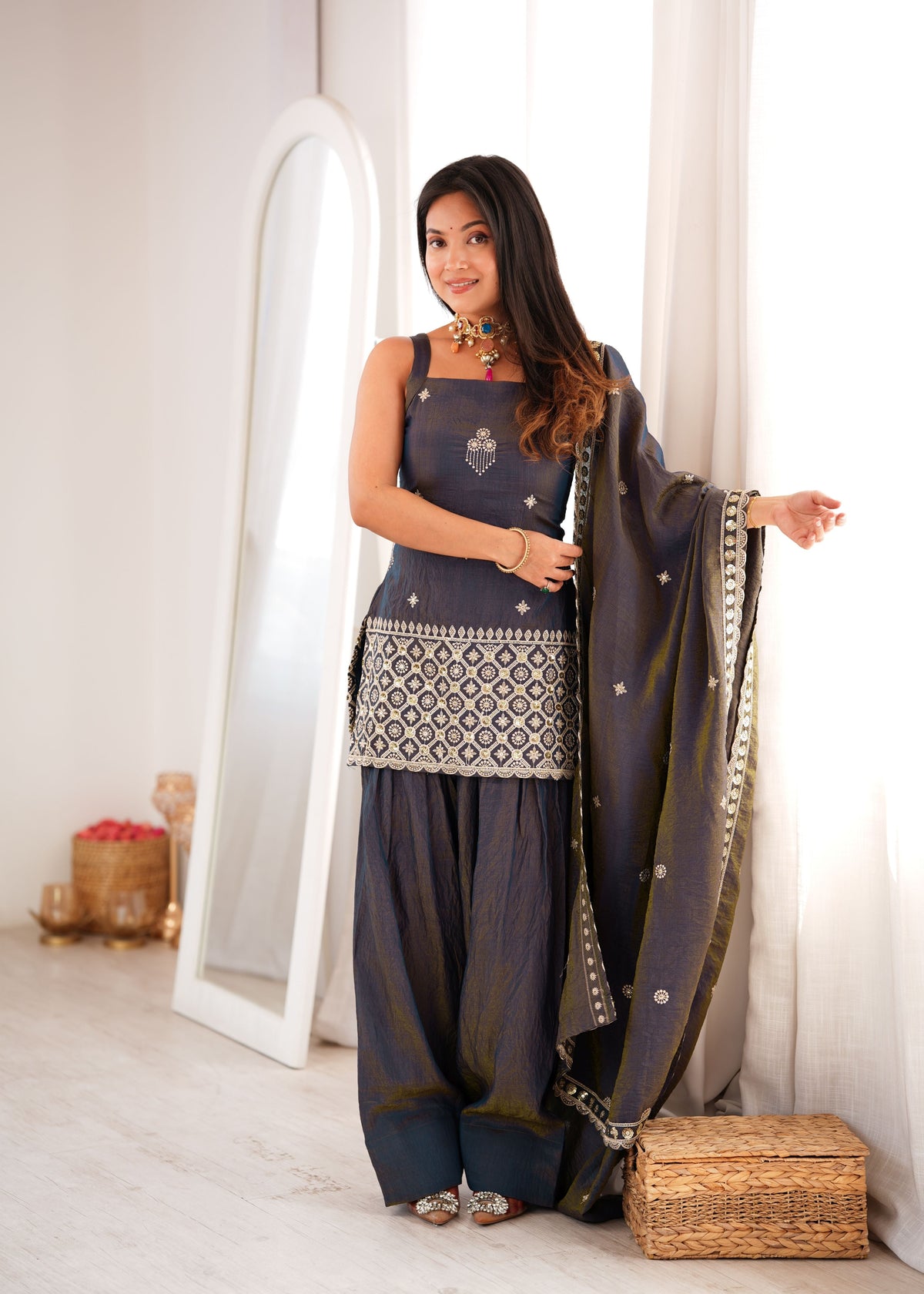 Charcoal Grey Vichitra Farshi Set