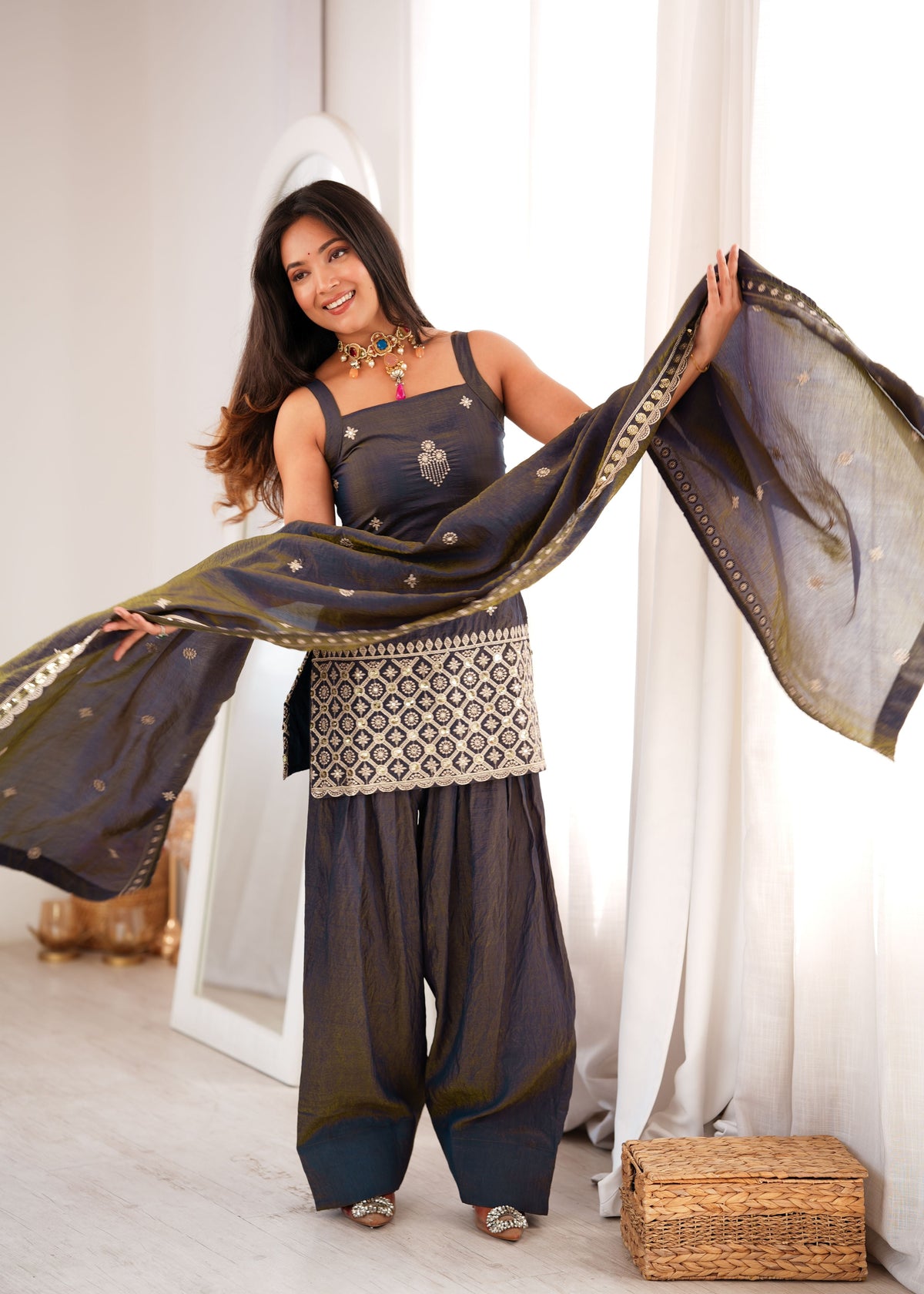 Charcoal Grey Vichitra Farshi Set