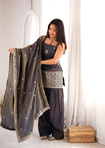 Charcoal Grey Vichitra Farshi Set