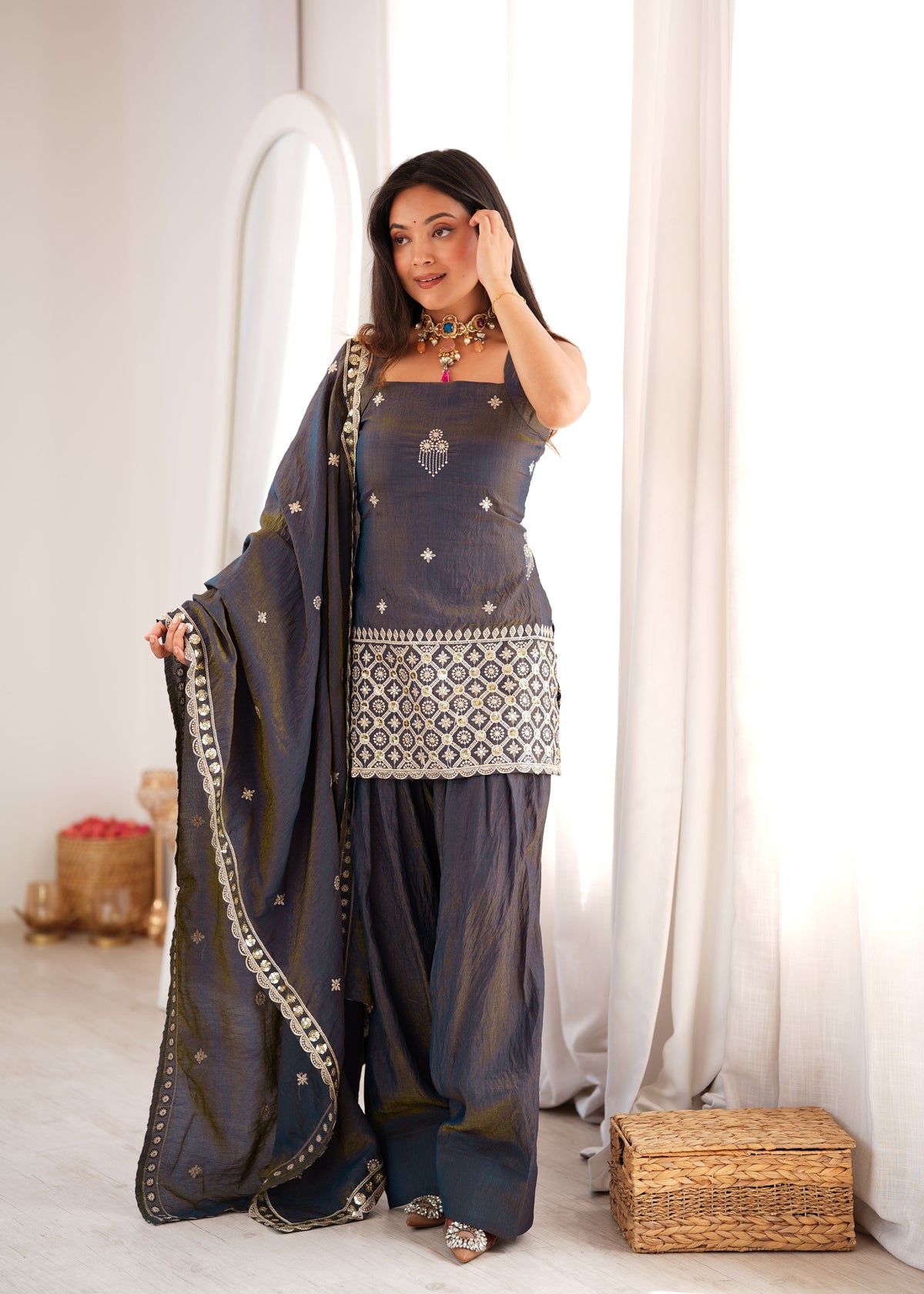 Charcoal Grey Vichitra Farshi Set