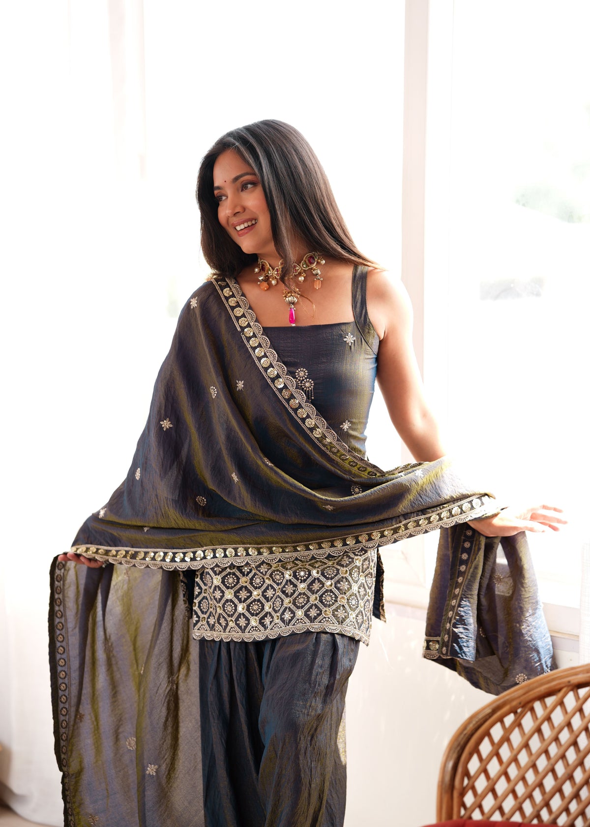Charcoal Grey Vichitra Farshi Set