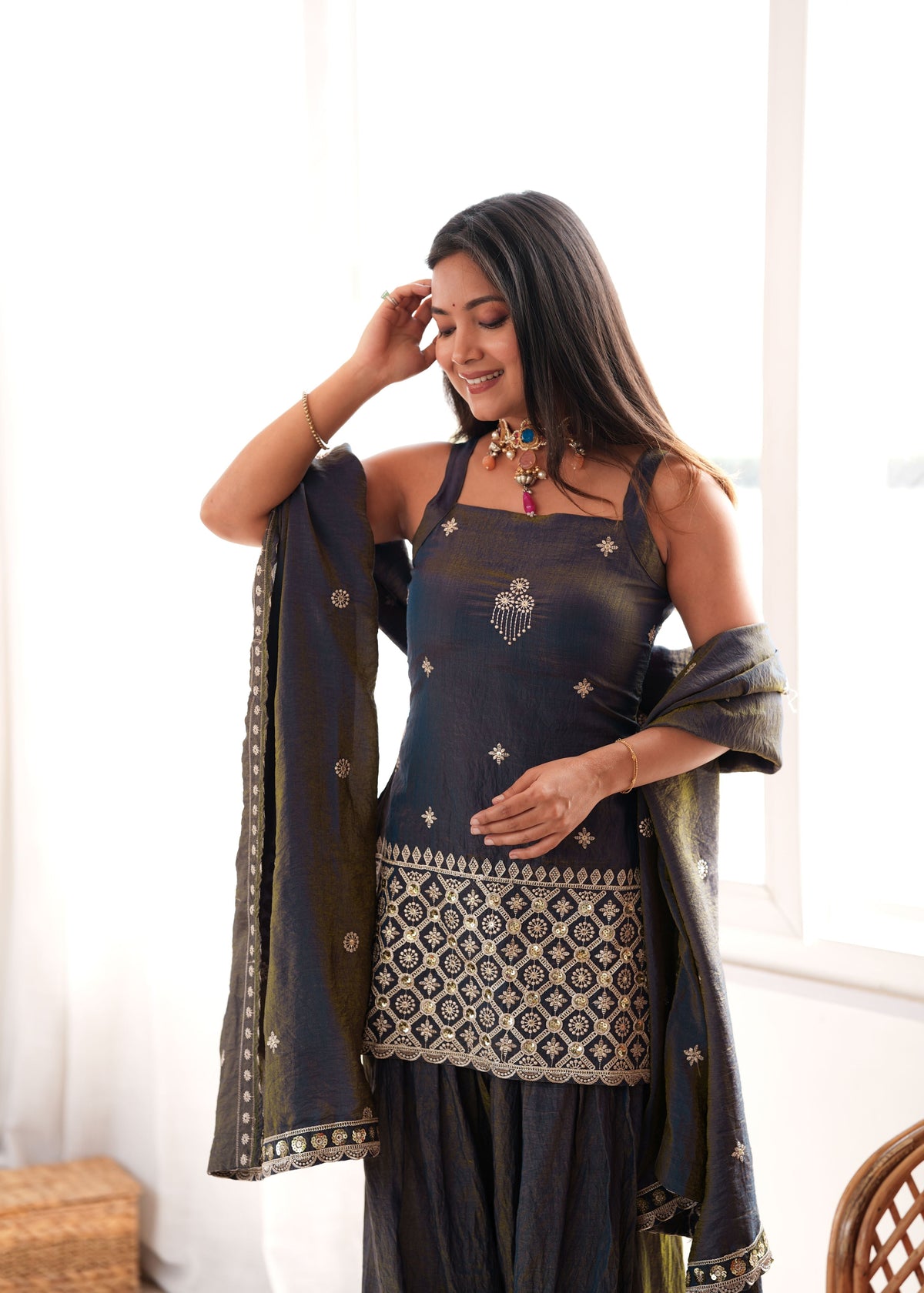 Charcoal Grey Vichitra Farshi Set