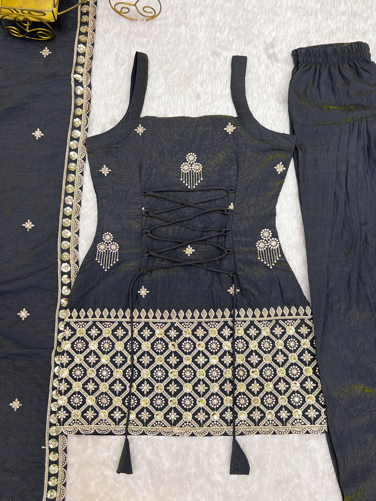 Charcoal Grey Vichitra Farshi Set