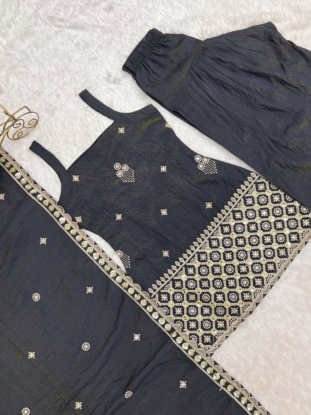 Charcoal Grey Vichitra Farshi Set
