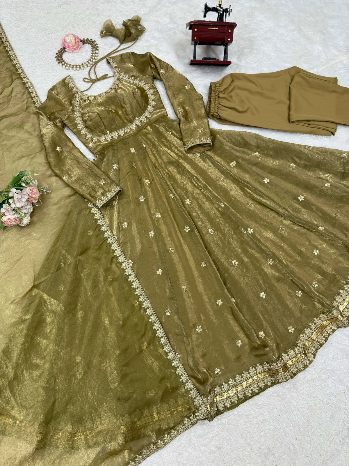 Olive Green Embroidered Silk Gown Set