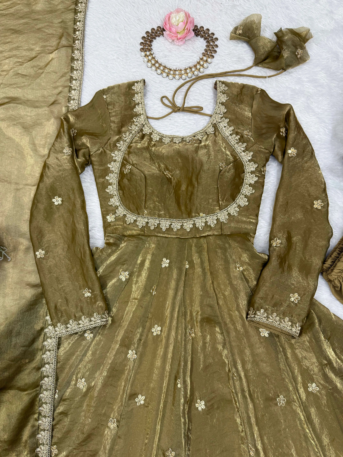 Olive Green Embroidered Silk Gown Set