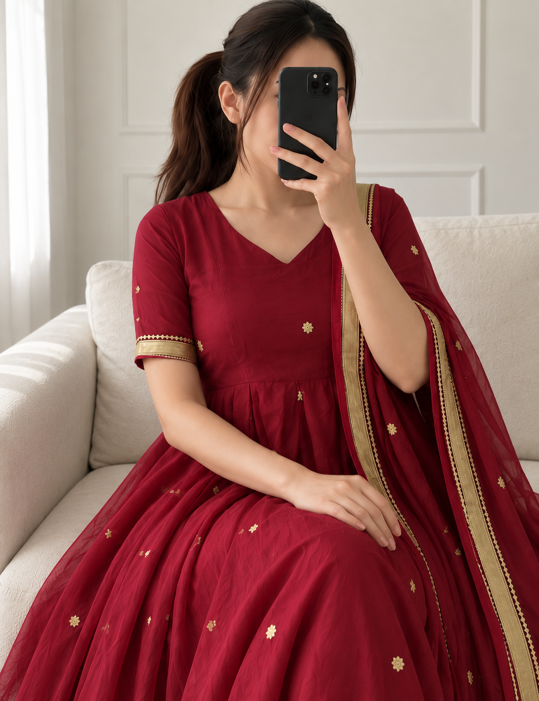 Wine Maroon Banarasi Silk Jacquard Anarkali Suit Set with Zari Dupatta