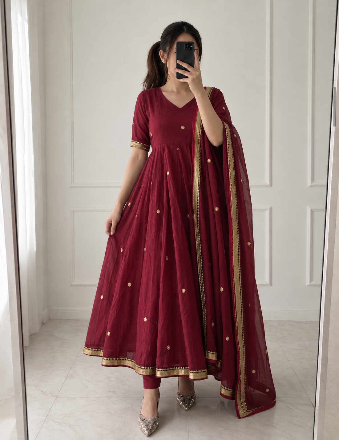 Wine Maroon Banarasi Silk Jacquard Anarkali Suit Set with Zari Dupatta