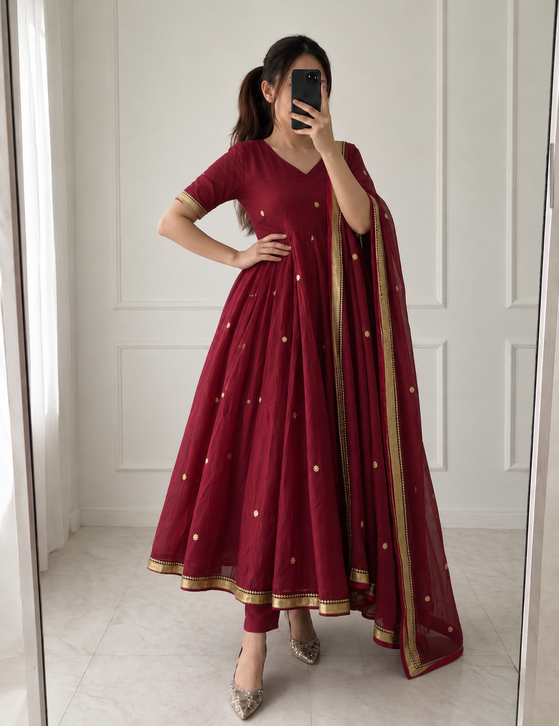 Wine Maroon Banarasi Silk Jacquard Anarkali Suit Set with Zari Dupatta