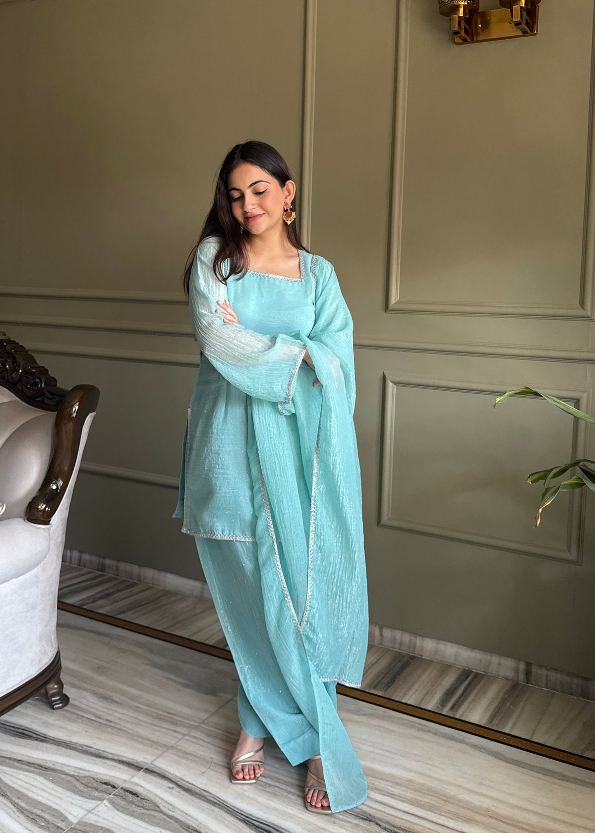 Rose & Aqua Luxe Embroidered Suit Set