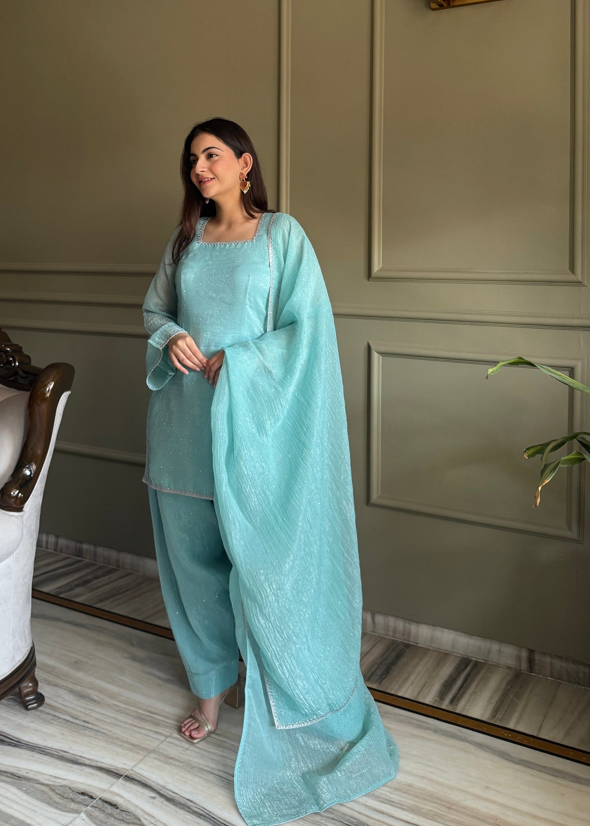Rose & Aqua Luxe Embroidered Suit Set