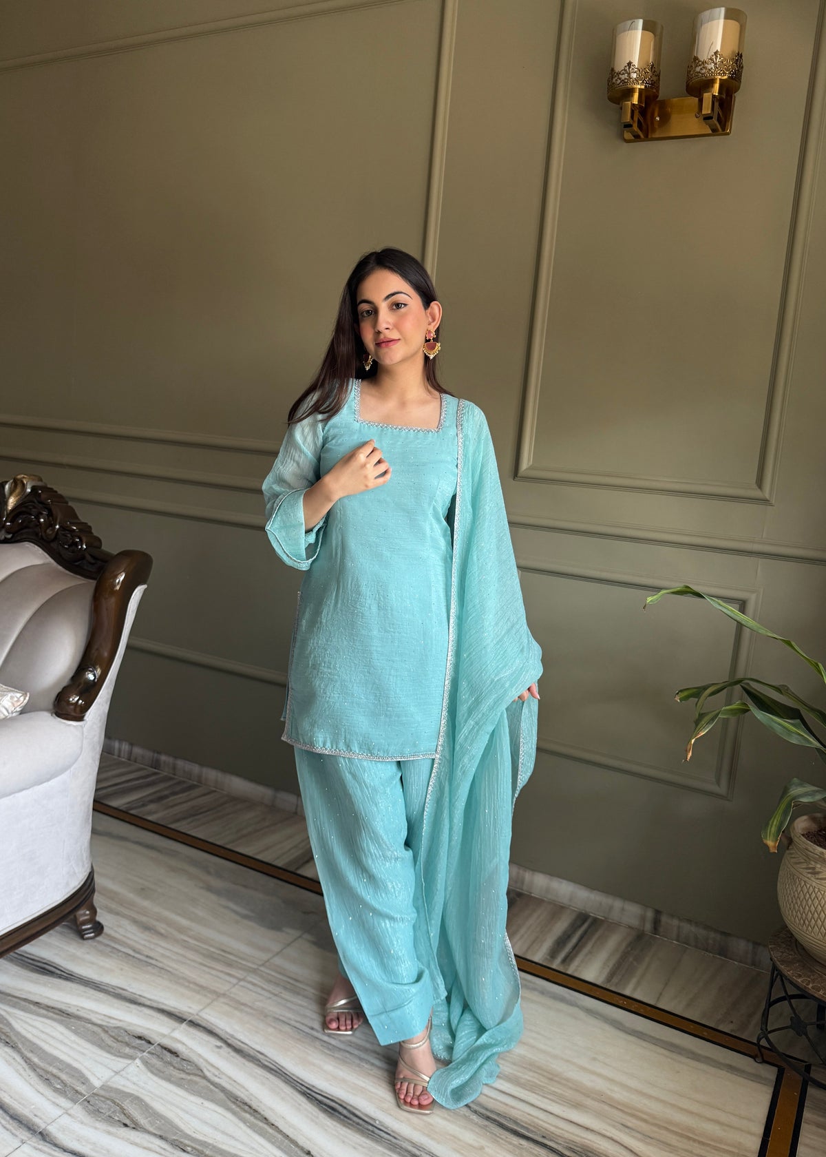 Rose & Aqua Luxe Embroidered Suit Set