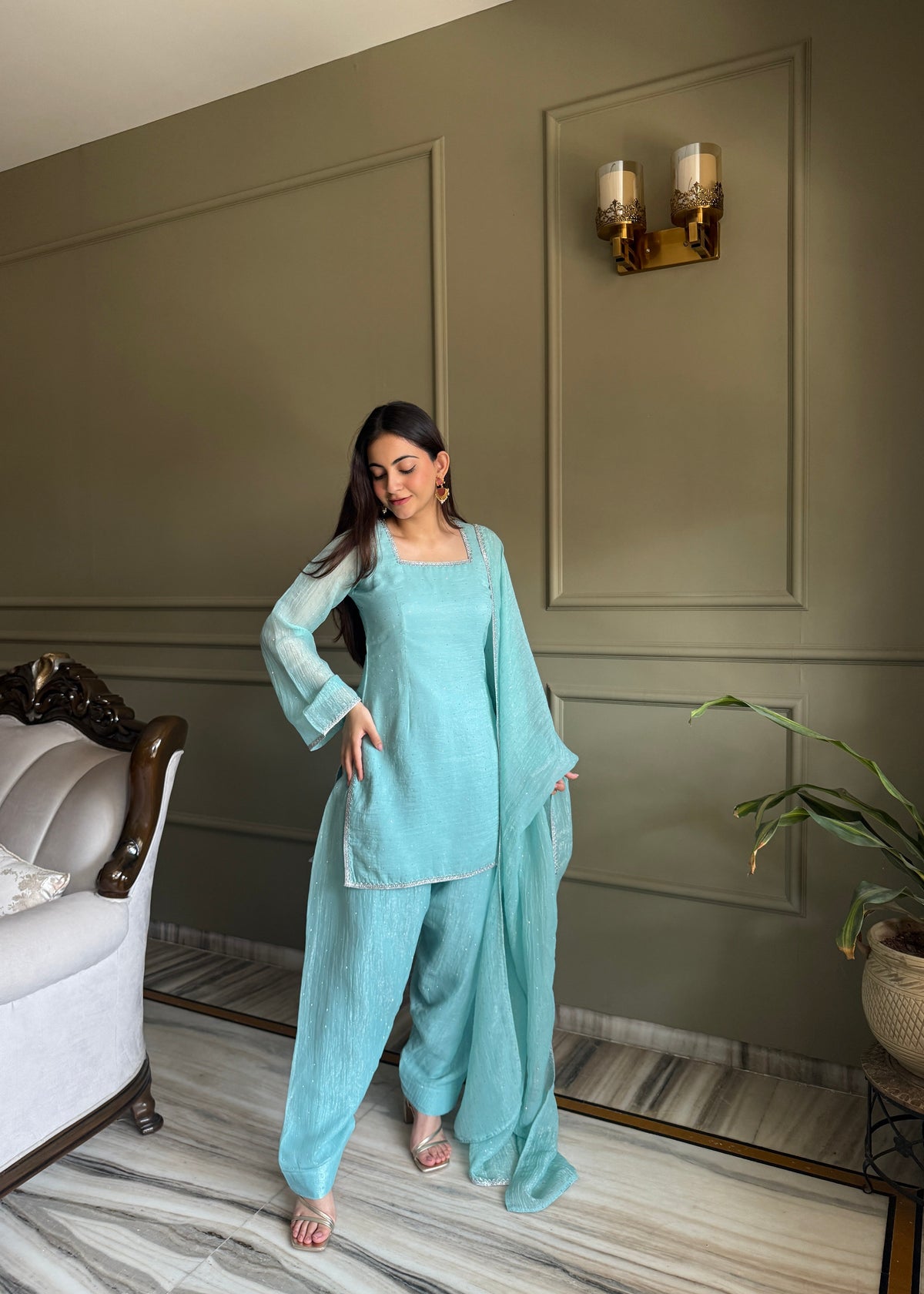Rose & Aqua Luxe Embroidered Suit Set