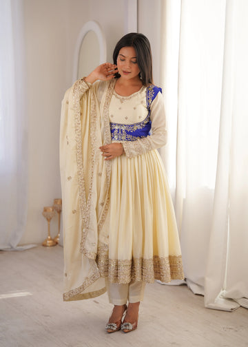 Ivory Cream & Royal Blue Anarkali Set