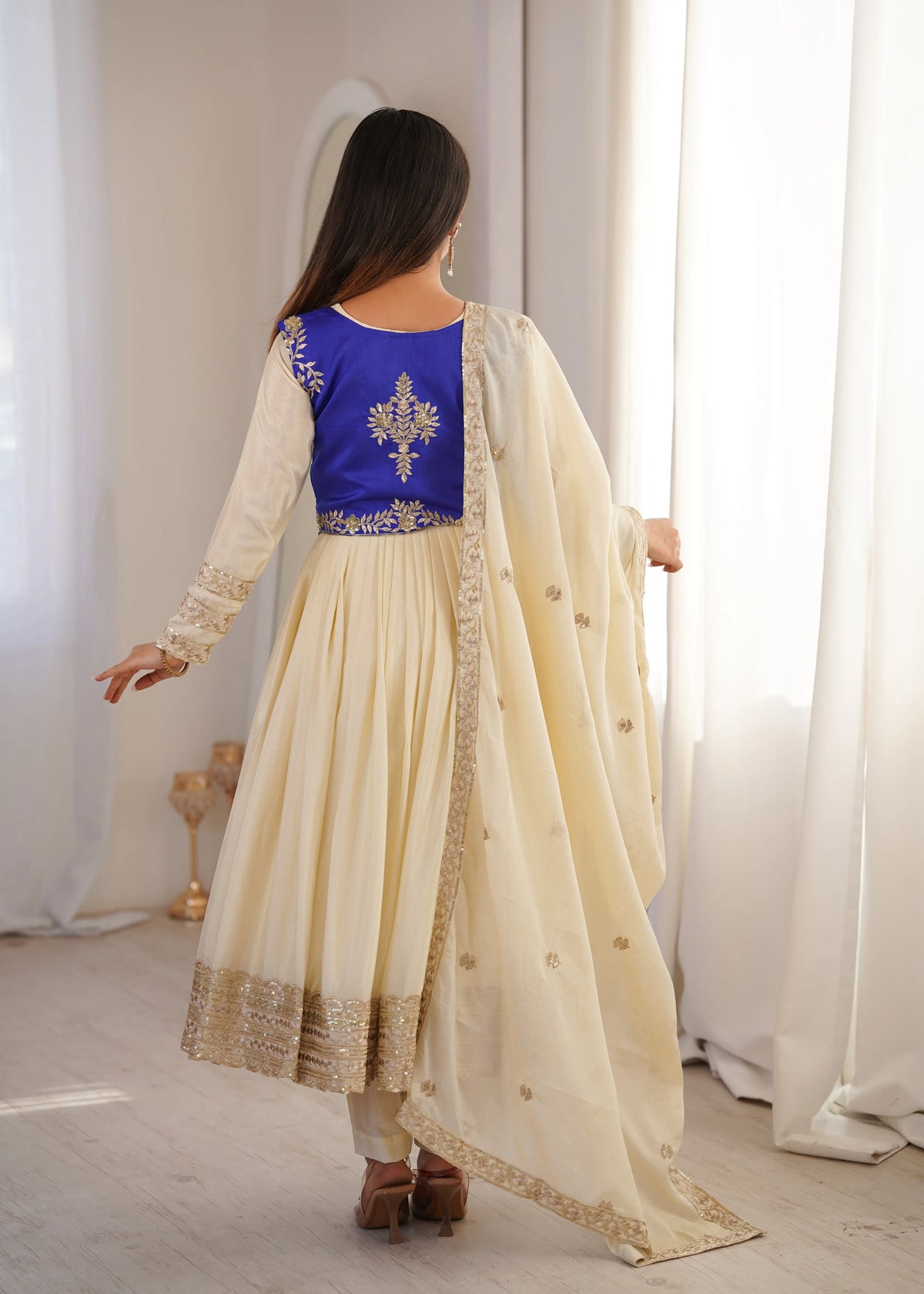 Ivory Cream & Royal Blue Anarkali Set