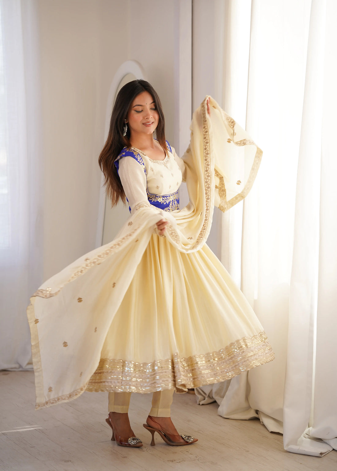Ivory Cream & Royal Blue Anarkali Set