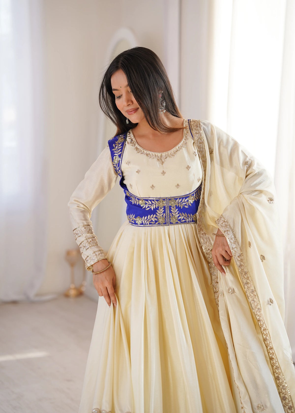 Ivory Cream & Royal Blue Anarkali Set