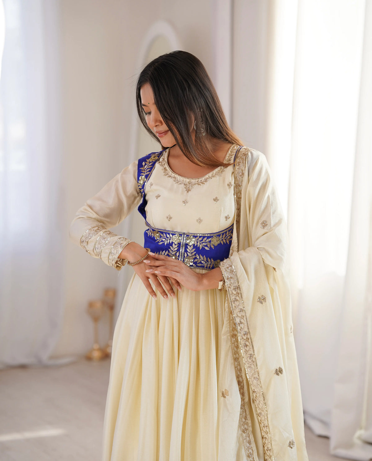 Ivory Cream & Royal Blue Anarkali Set