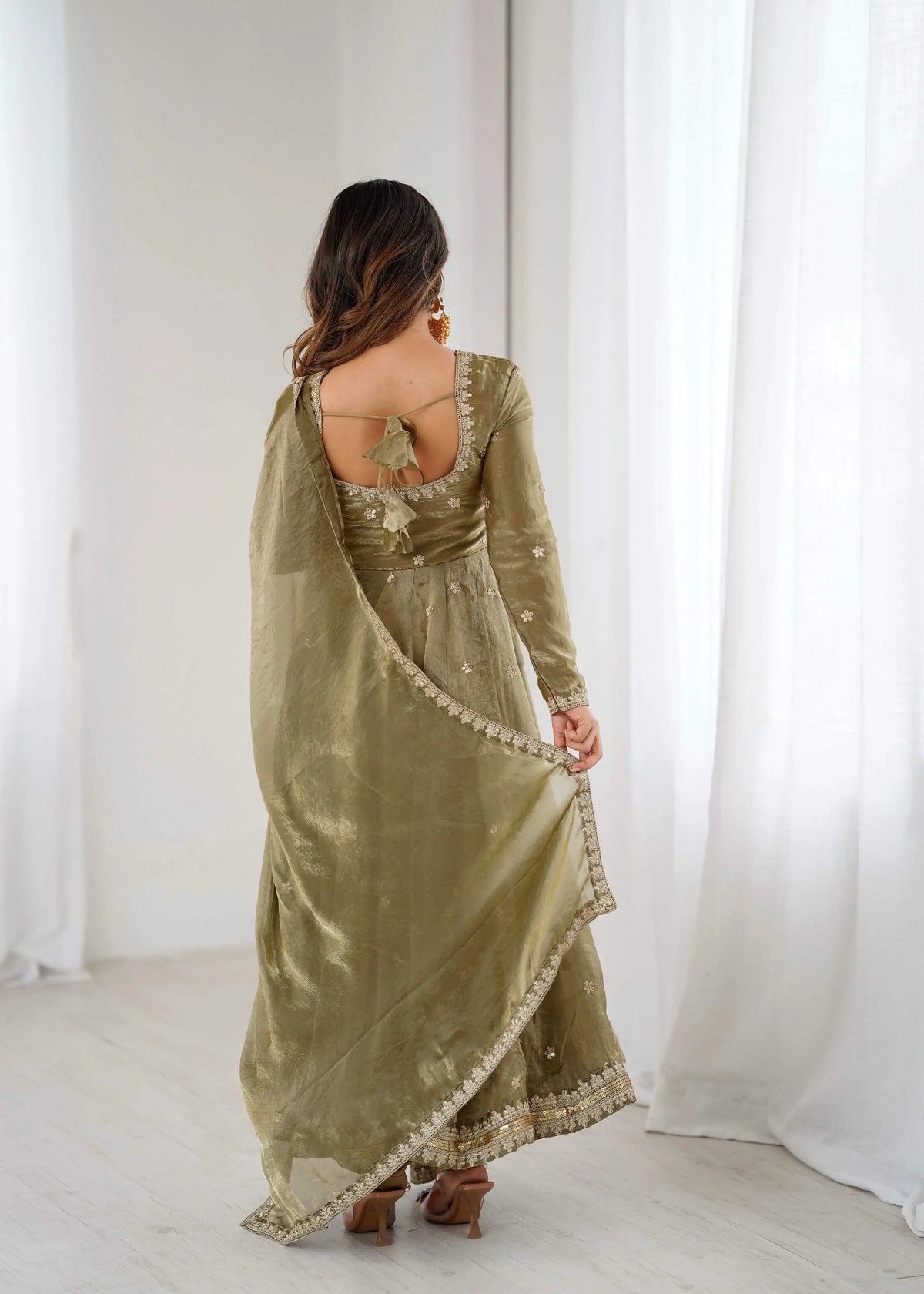 Olive Green Embroidered Silk Gown Set