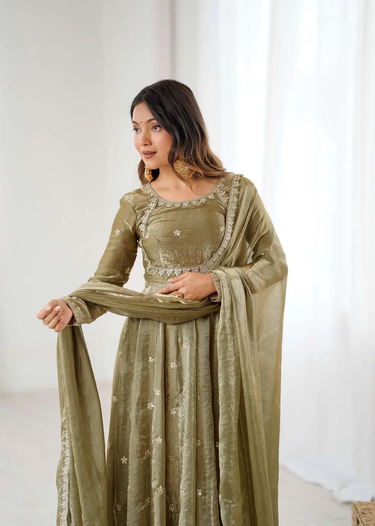 Olive Green Embroidered Silk Gown Set
