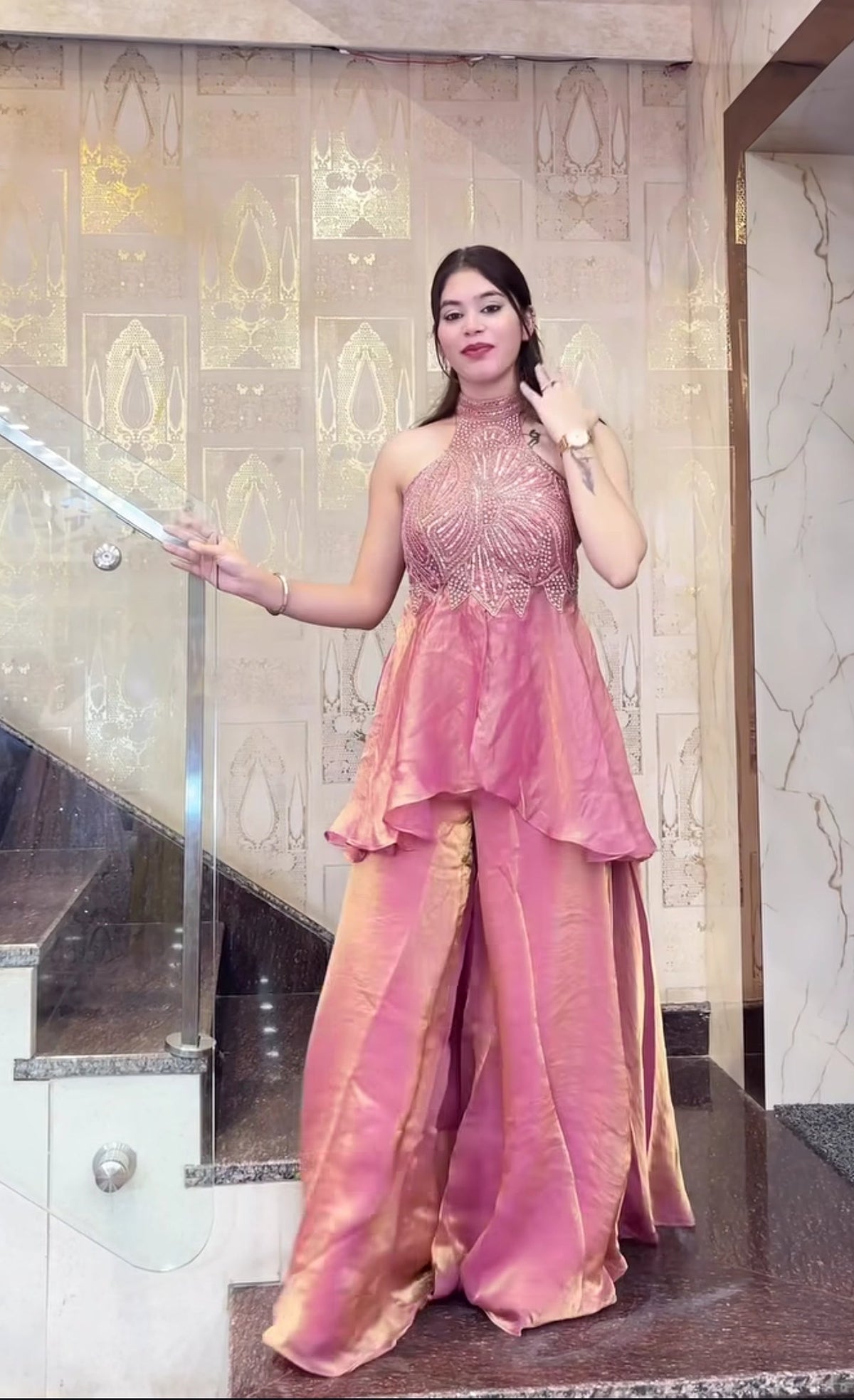 Rose & Teal Sequin Embroidered Sharara Set