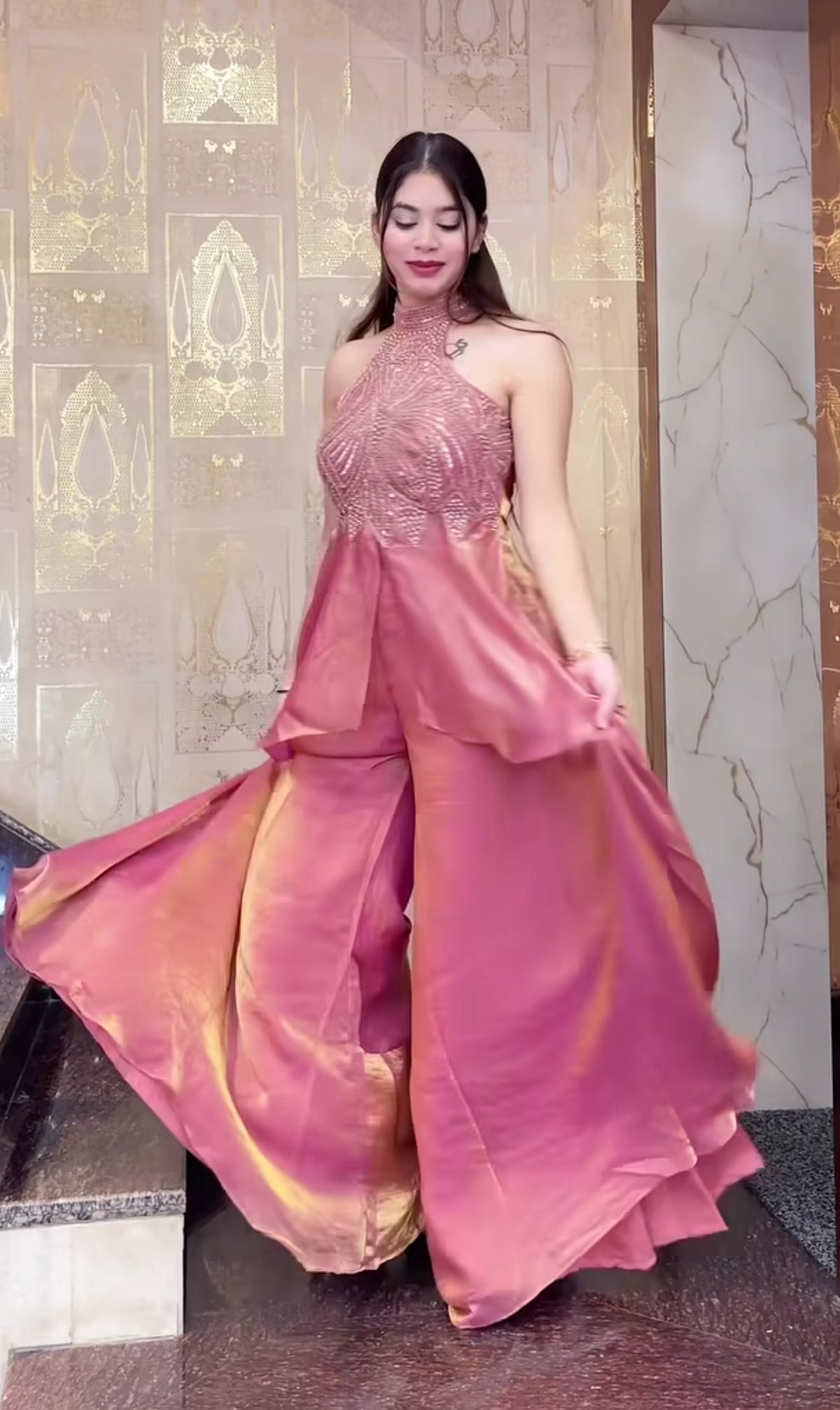 Rose & Teal Sequin Embroidered Sharara Set