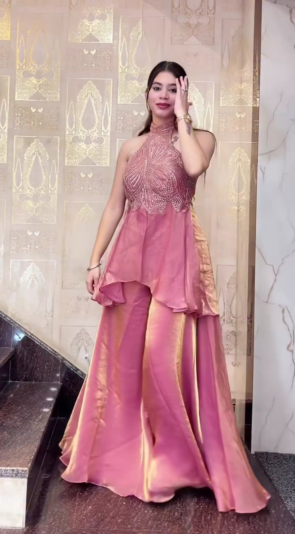 Rose & Teal Sequin Embroidered Sharara Set