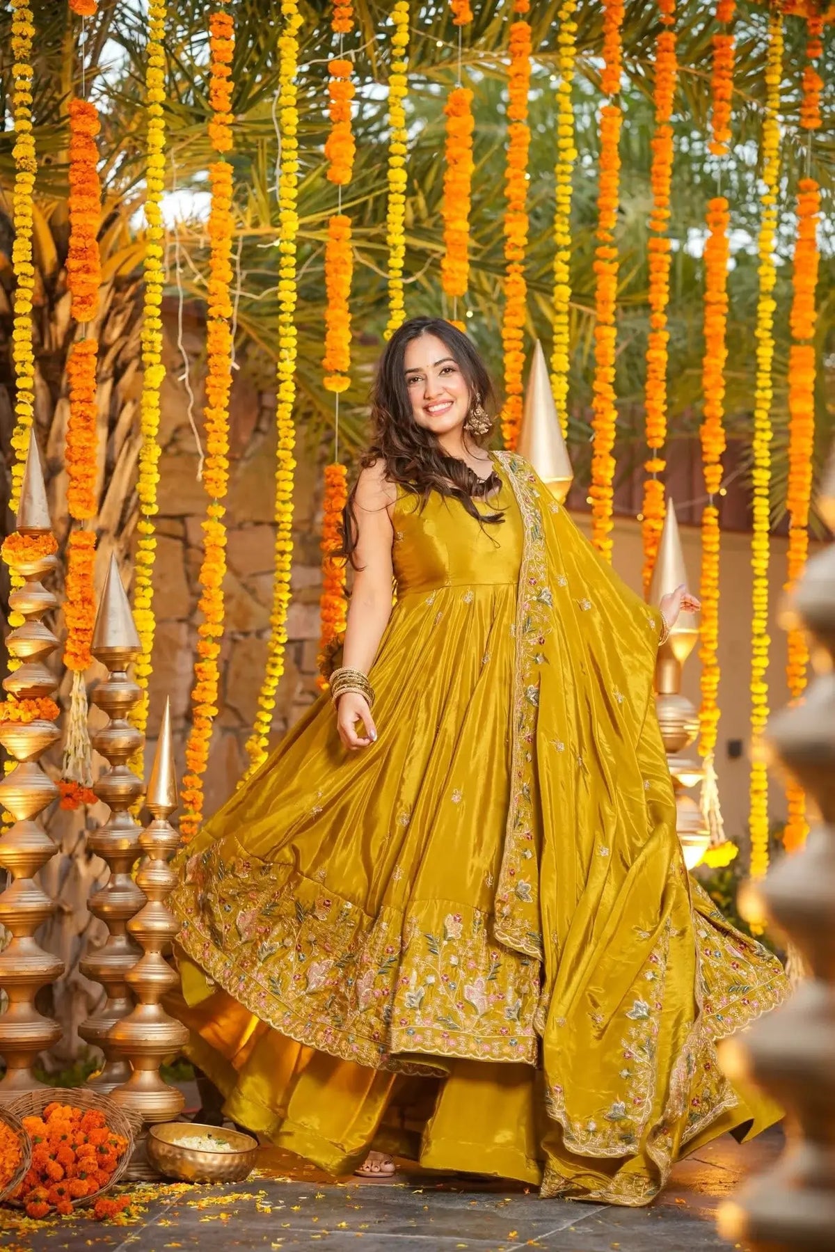 Yellow Silk Embroidered Anarkali Set