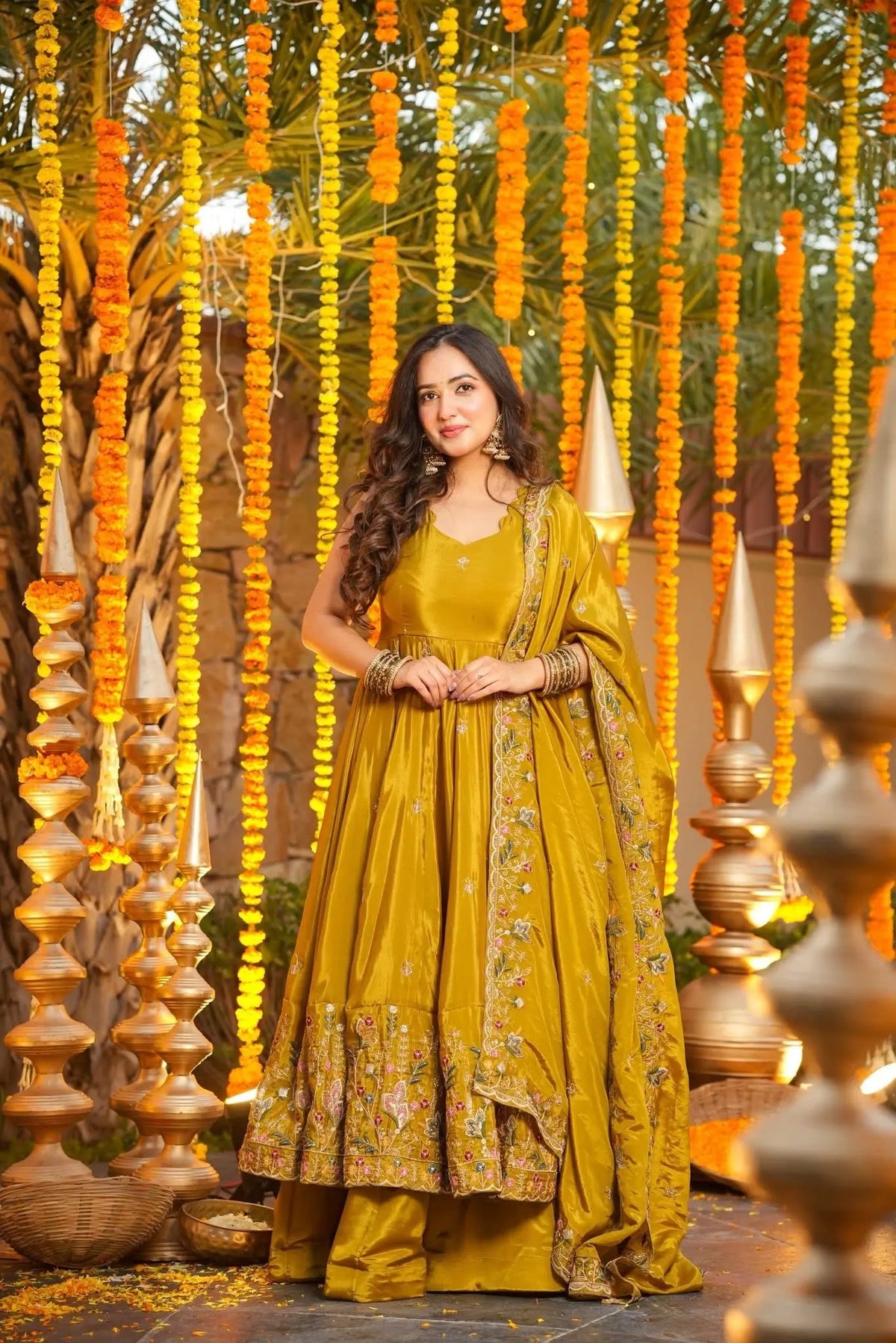Yellow Silk Embroidered Anarkali Set