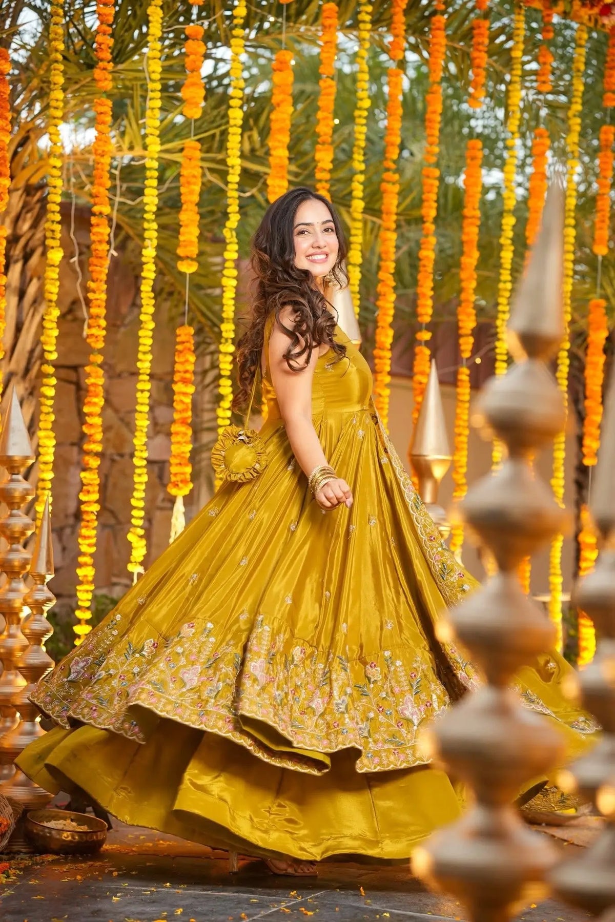 Yellow Silk Embroidered Anarkali Set