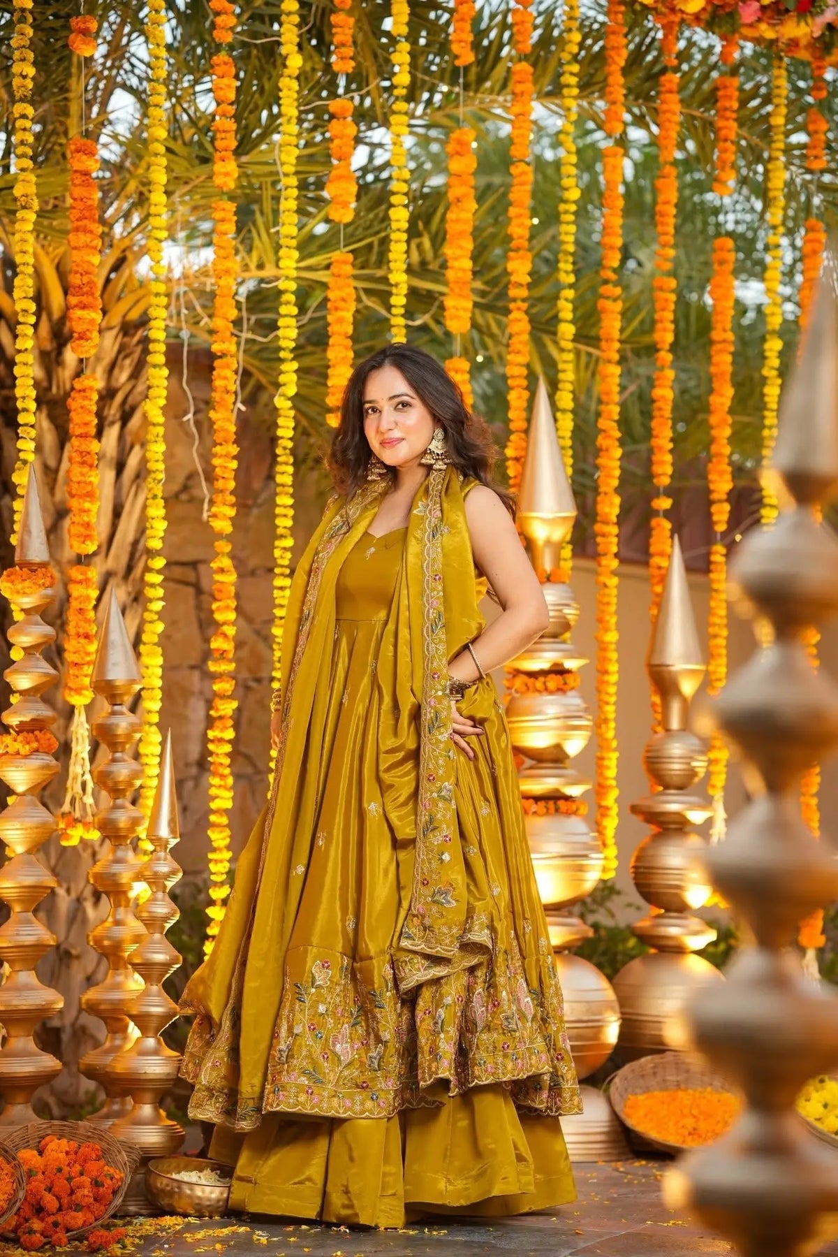 Yellow Silk Embroidered Anarkali Set