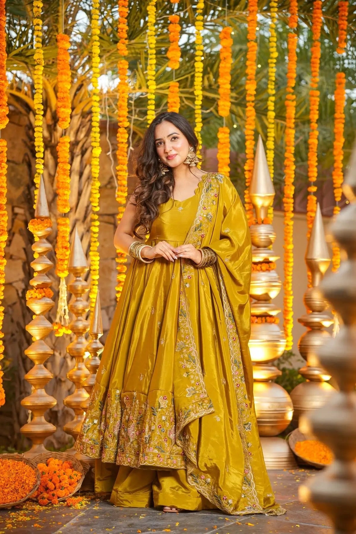 Yellow Silk Embroidered Anarkali Set
