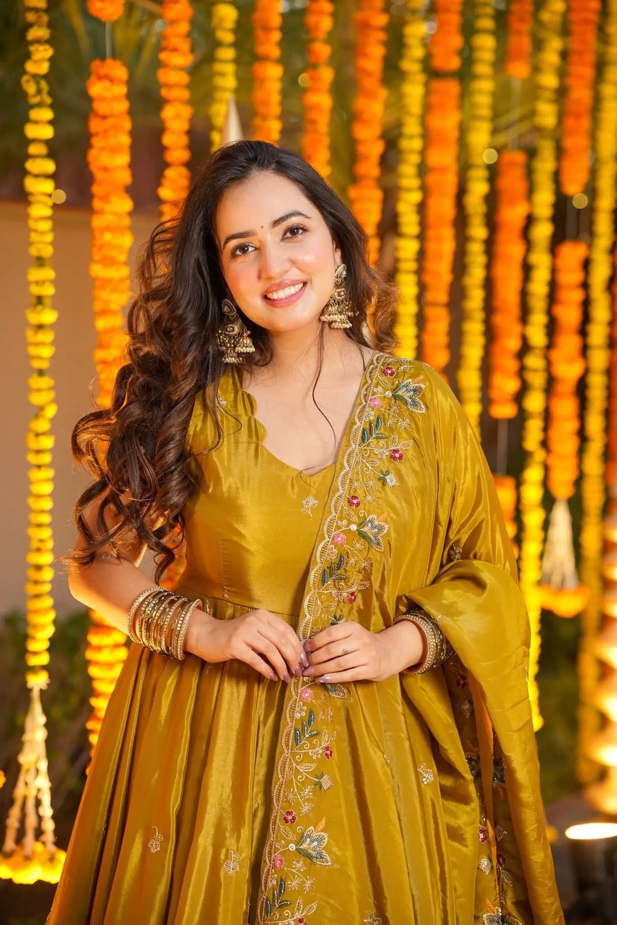 Yellow Silk Embroidered Anarkali Set