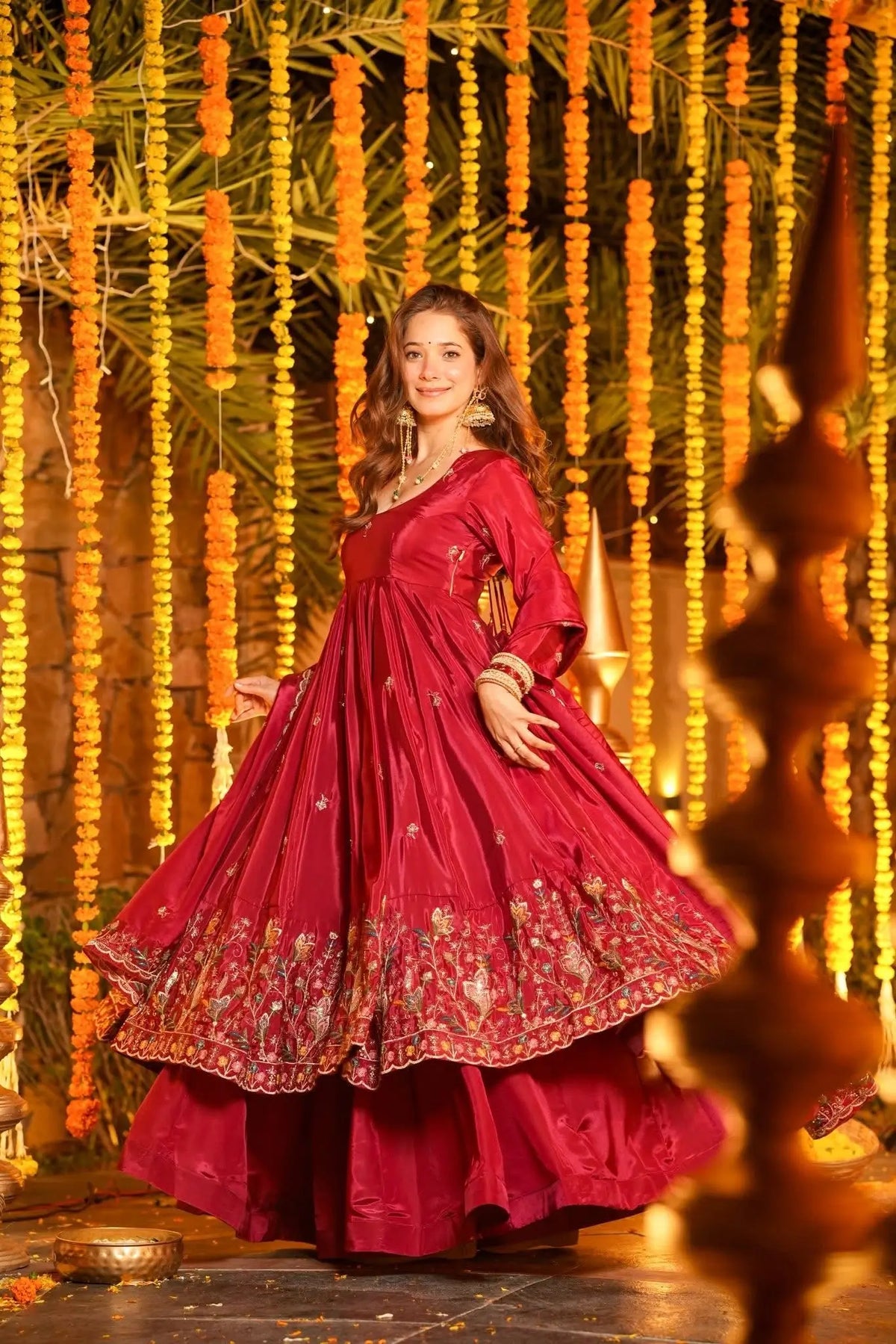 Red Embroidered Silk Anarkali Palazzo Suit Set