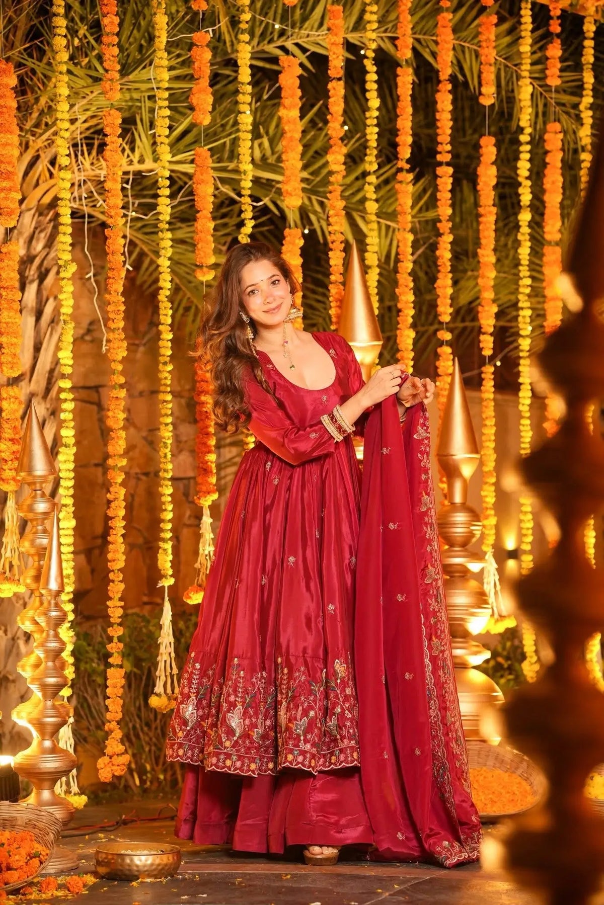 Red Embroidered Silk Anarkali Palazzo Suit Set
