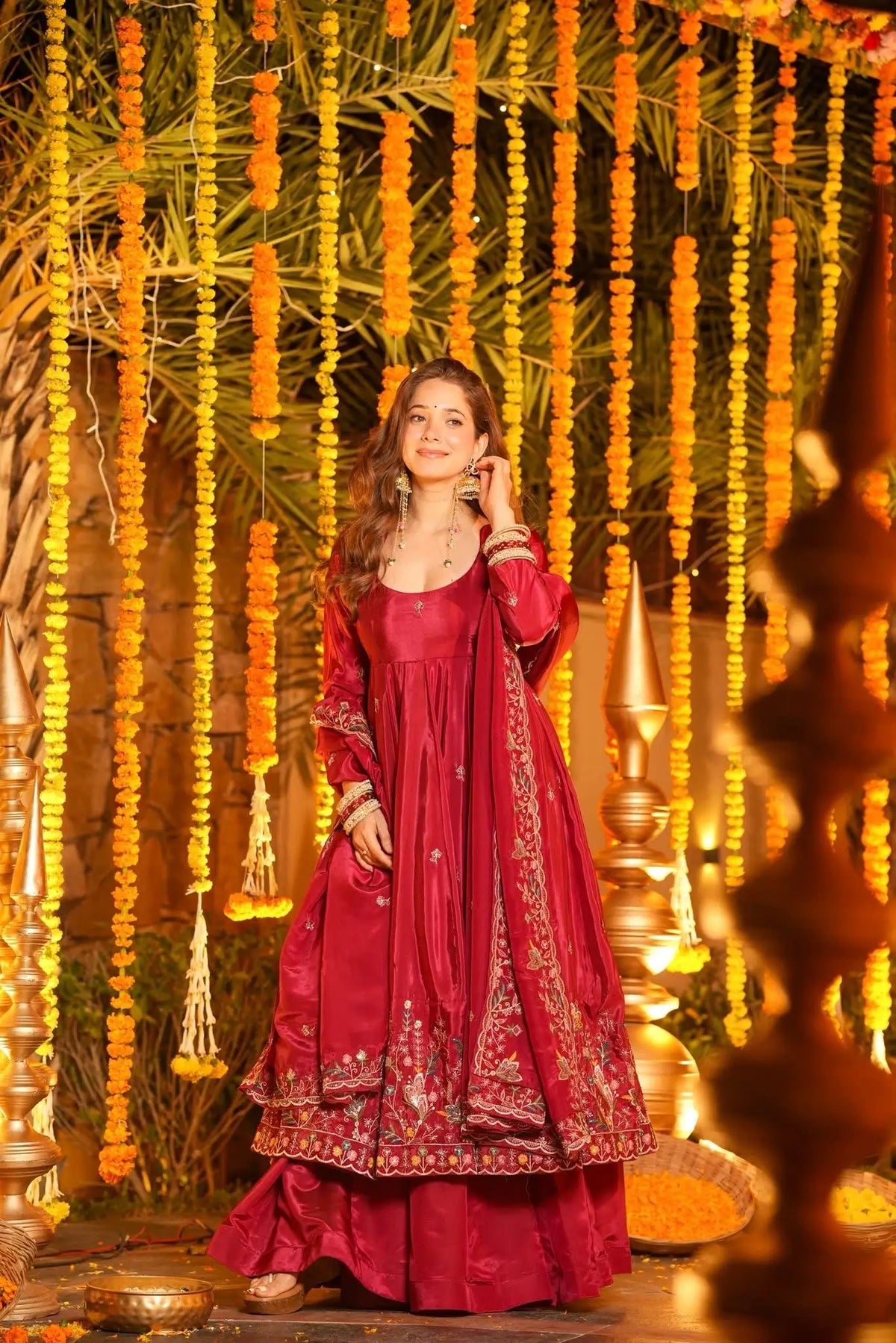 Red Embroidered Silk Anarkali Palazzo Suit Set