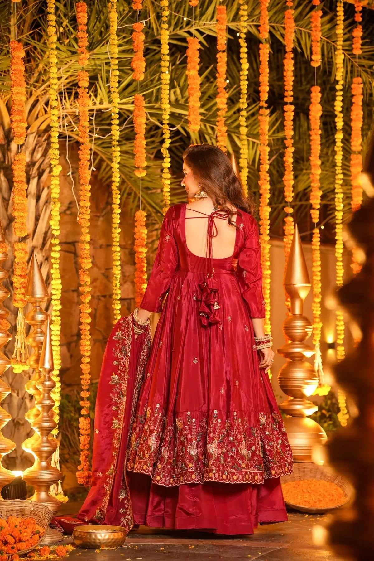Red Embroidered Silk Anarkali Palazzo Suit Set