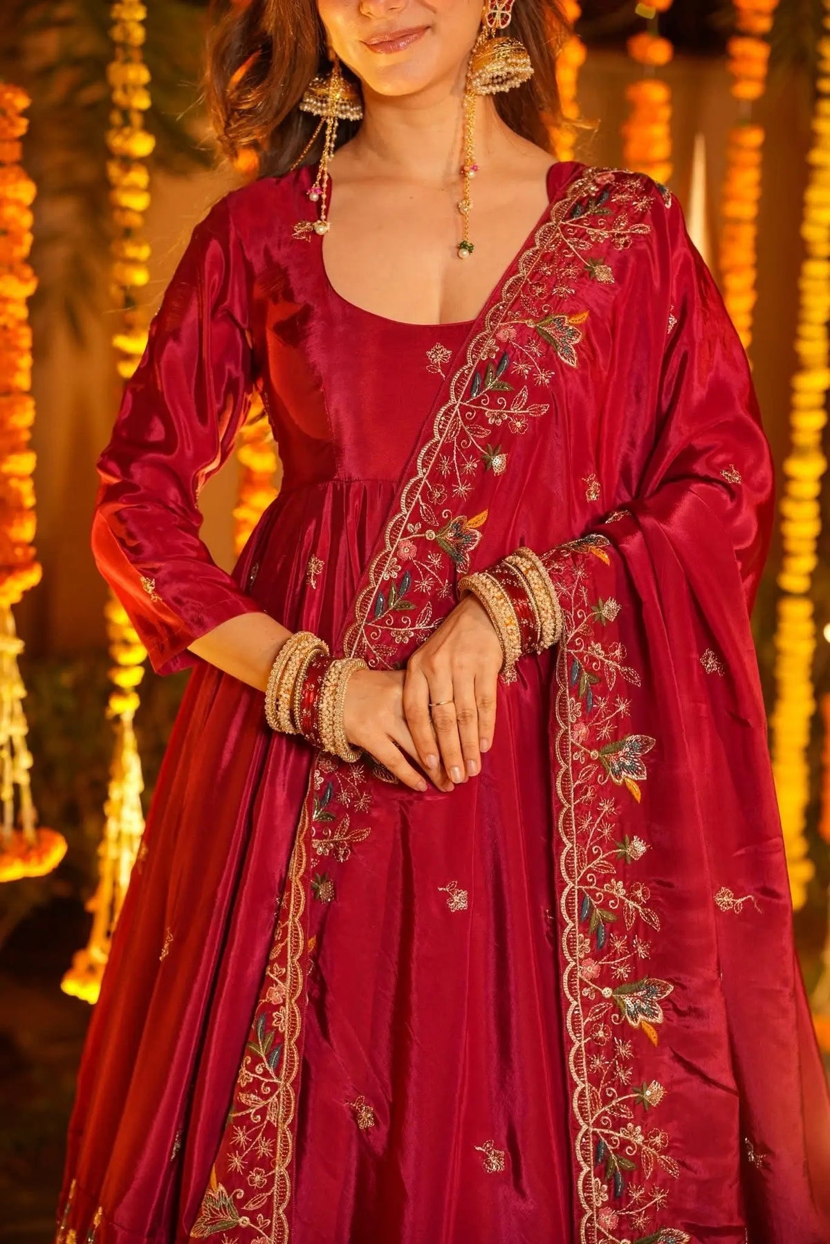 Red Embroidered Silk Anarkali Palazzo Suit Set