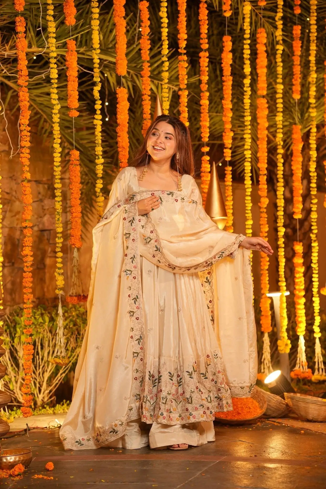 Off White Embroidered Silk Anarkali Palazzo Suit Set