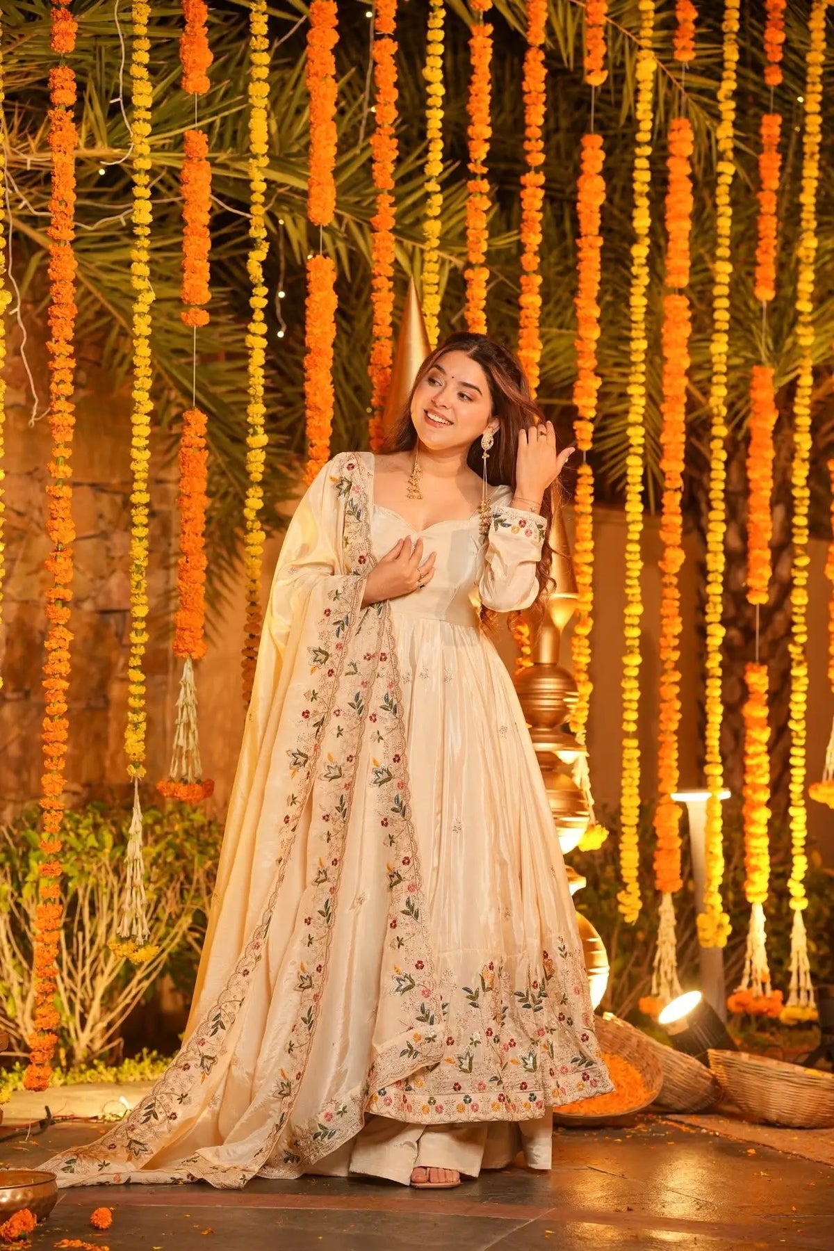 Off White Embroidered Silk Anarkali Palazzo Suit Set